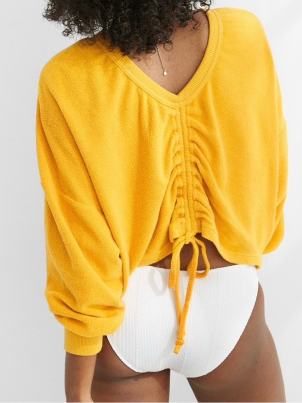 Aerie Yellow Terry Cloth Cinched Reversible Pullover Sweater Women’s Size Small